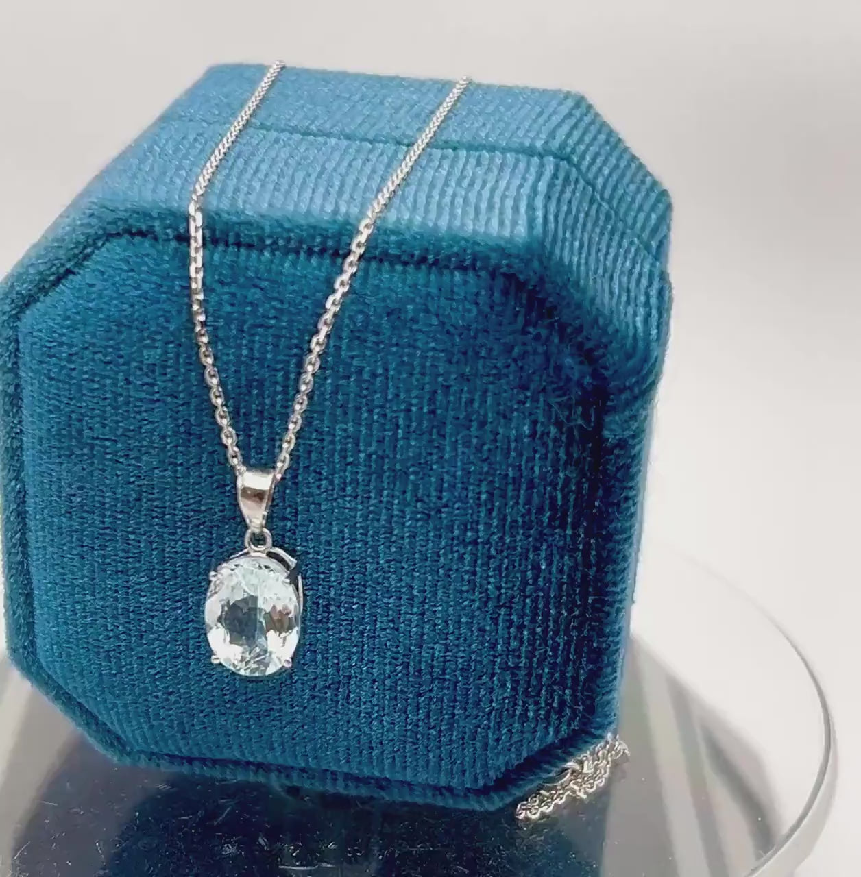 Vintage 14k White Gold Pale Blue Aquamarine Drop Necklace Oval Pendant March Birthstone