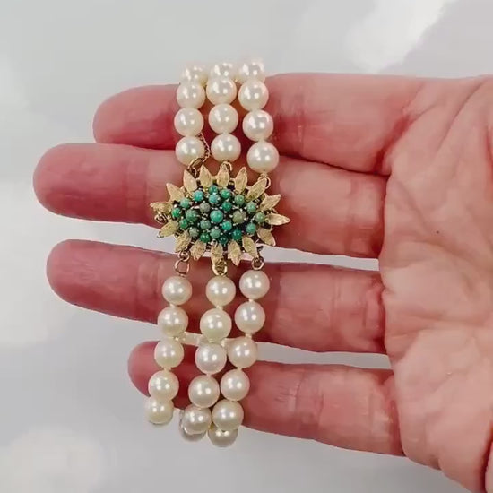 Vintage 14k Gold Triple Strand Pearl Bracelet with Turquoise Clasp Saltwater Cultured Pearl and Turquoise Bracelet - Bridal 6.5"