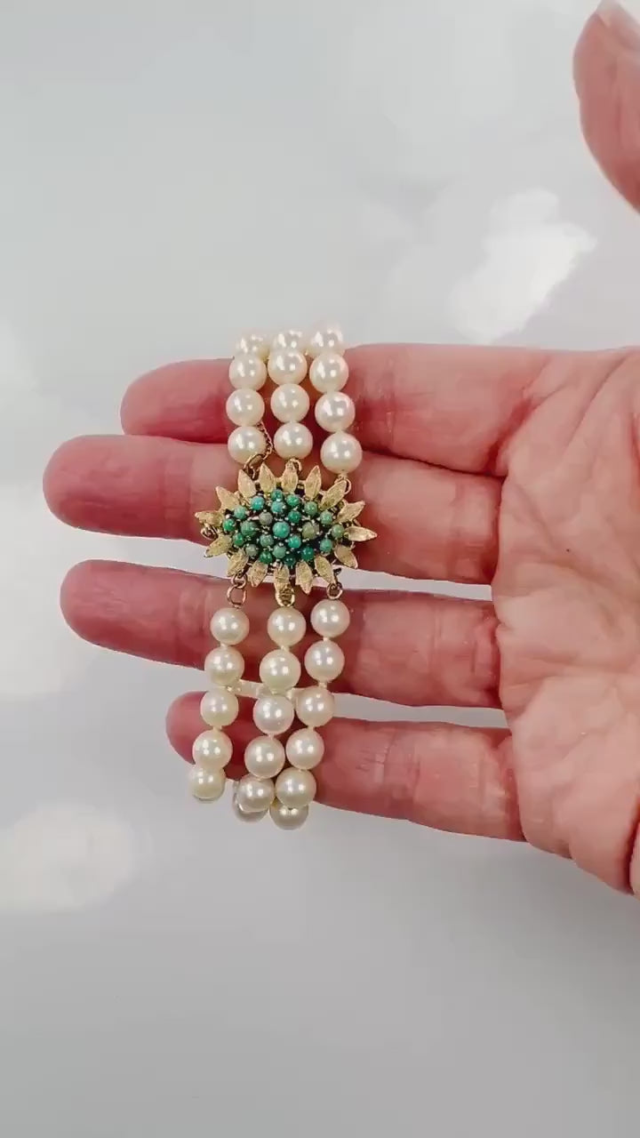 Vintage 14k Gold Triple Strand Pearl Bracelet with Turquoise Clasp Saltwater Cultured Pearl and Turquoise Bracelet - Bridal 6.5"