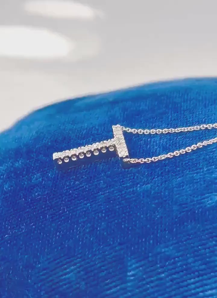 Vintage 14k White Gold Letter T Diamond Necklace, Initial T Necklace 16.5"
