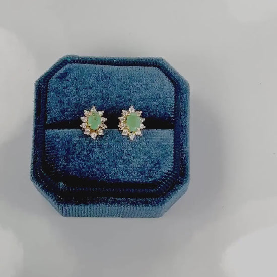 Vintage Yellow Gold Natural Emerald and CZ Halo Earrings, Green Stone Stud Earrings
