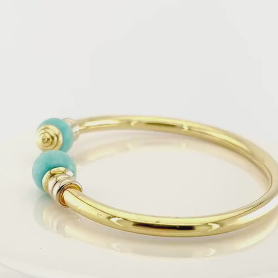 Vintage 18k Yellow Gold Turquoise Bangle Bracelet with Ball Ends Cuff Bracelet