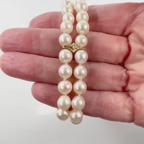 Vintage 14k Gold Double Strand Pearl and Diamond Bracelet, 5.9 - 6.2 mm Saltwater Cultured Pearl Bracelet, Bridal Bracelet 7 7/8"
