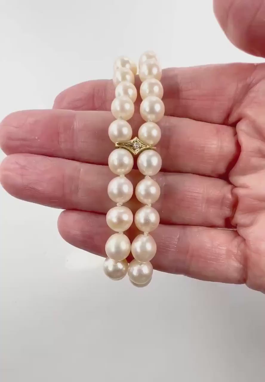 Vintage 14k Gold Double Strand Pearl and Diamond Bracelet, 5.9 - 6.2 mm Saltwater Cultured Pearl Bracelet, Bridal Bracelet 7 7/8"