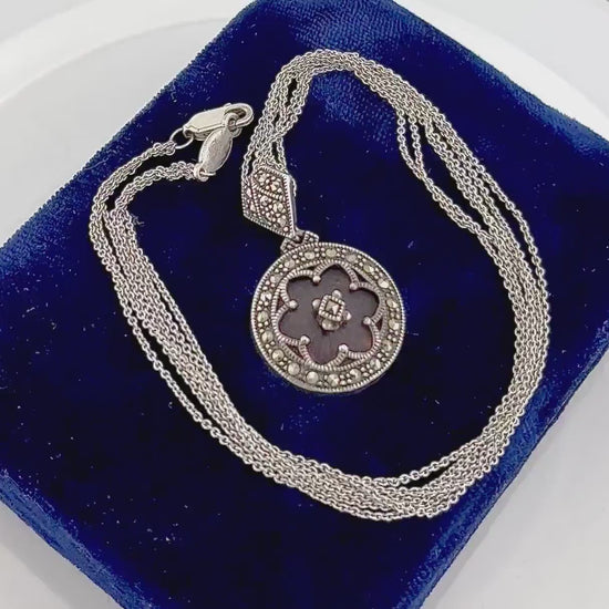 Vintage Judith Jack Sterling Silver Pink Camphor Glass and Marcasite Pendant Necklace Art Deco Style Camphor Glass Necklace 16"
