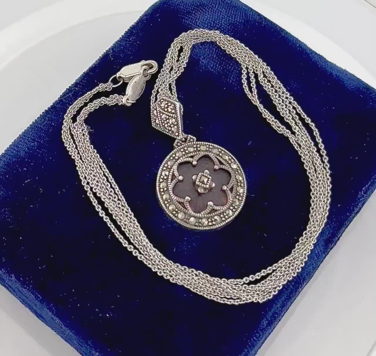Vintage Judith Jack Sterling Silver Pink Camphor Glass and Marcasite Pendant Necklace Art Deco Style Camphor Glass Necklace 16"