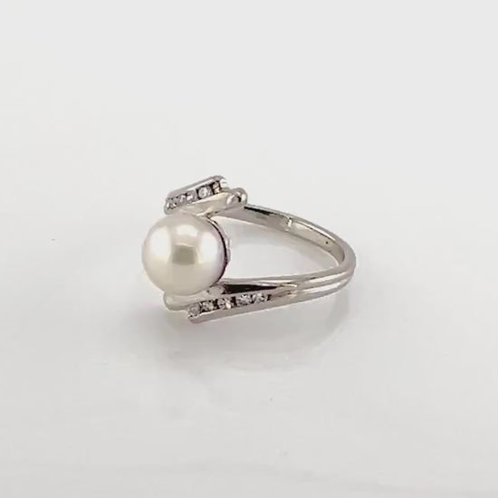 Vintage F & F Felger 14k White Gold Cultured Pearl and Diamond Ring Bridal Ring Size 5.25