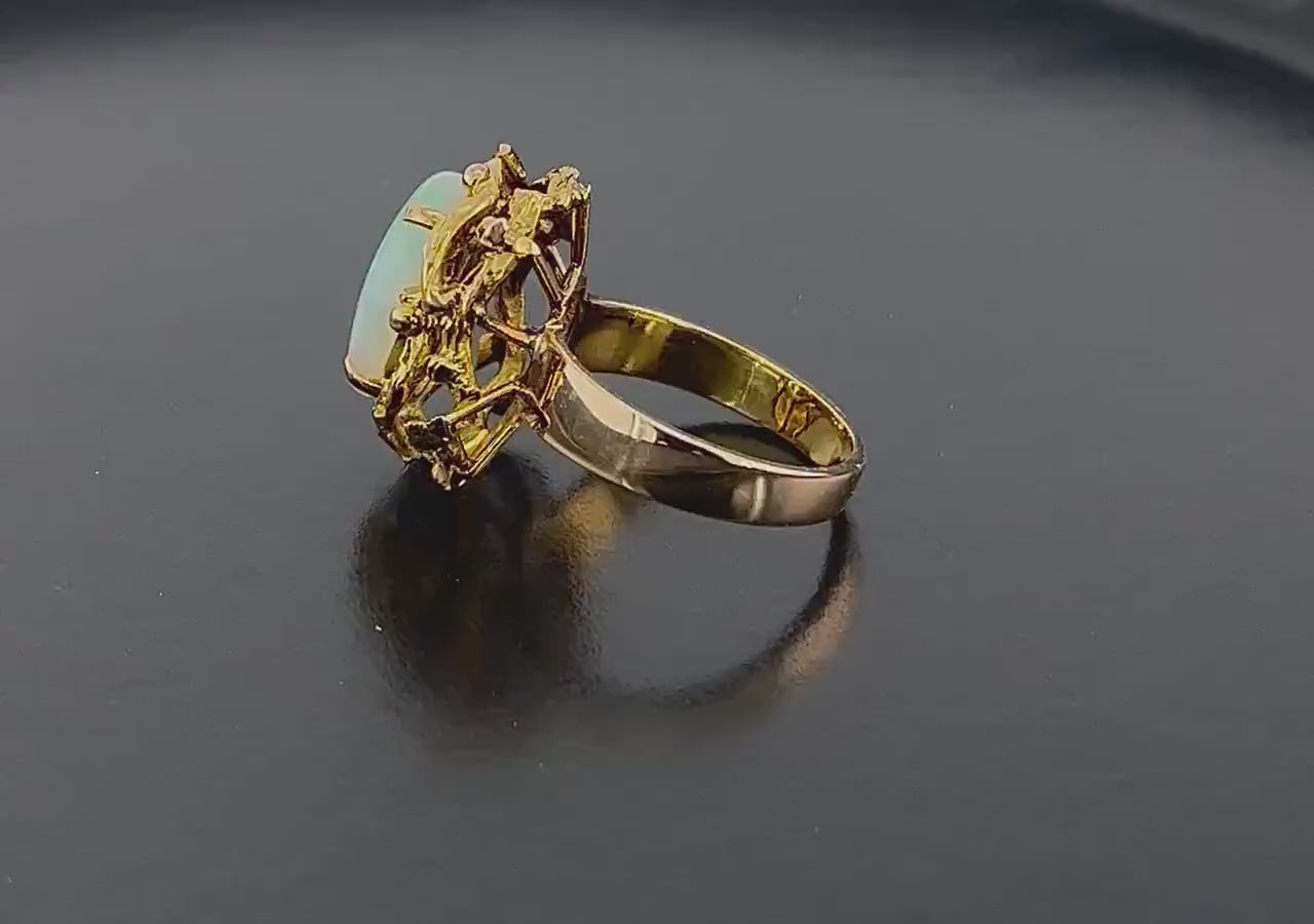 Vintage 14k Yellow Gold Natural Opal Brutalist Ring October Birthstone