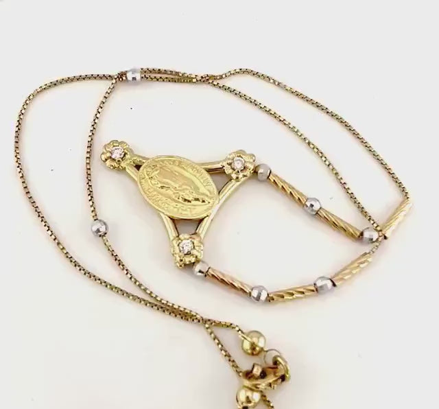 Vintage 14k Two Tone Gold NSD Guadalupe de Mexico 1804 Necklace with CZ Stones 16" Italian Gold