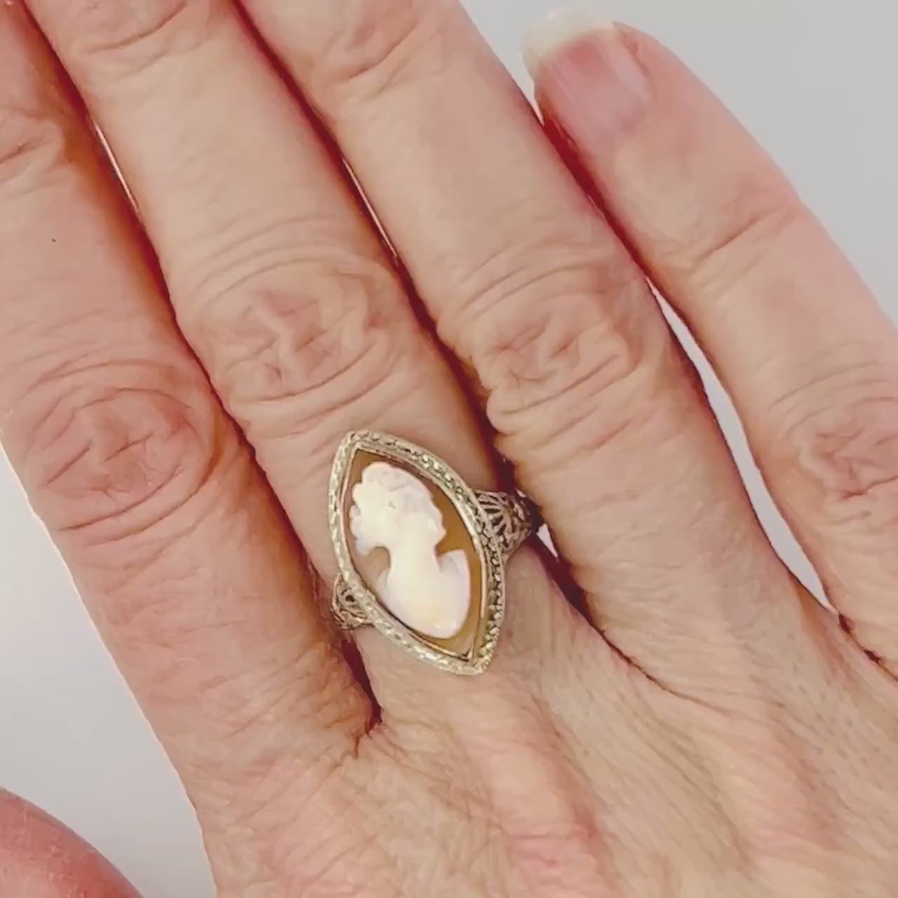 Vintage Art Deco 14k White Gold Cameo Ring, Filigree Marquise Shaped Shell Cameo Ring Size 5