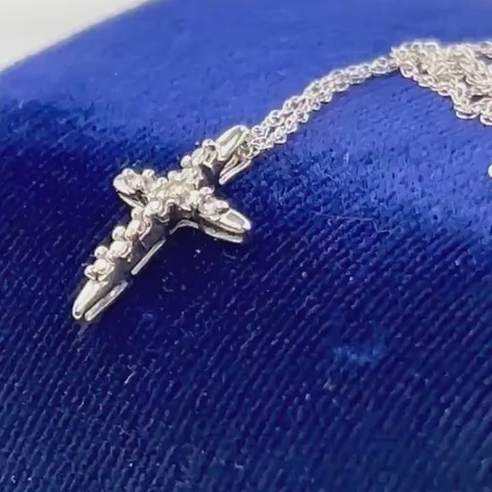 Vintage Small 10k White Gold Diamond Cross Pendant on 14k White Gold Pendant Chain,  Cross Necklace 18"