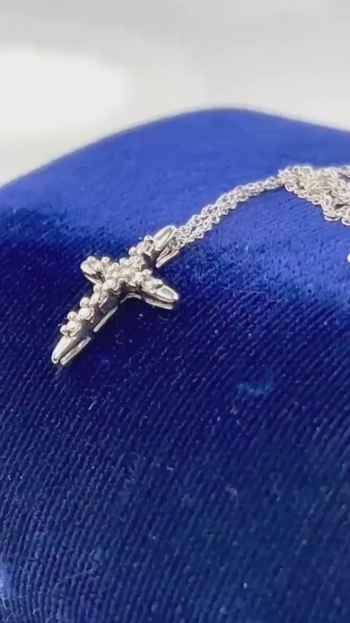 Vintage Small 10k White Gold Diamond Cross Pendant on 14k White Gold Pendant Chain,  Cross Necklace 18"