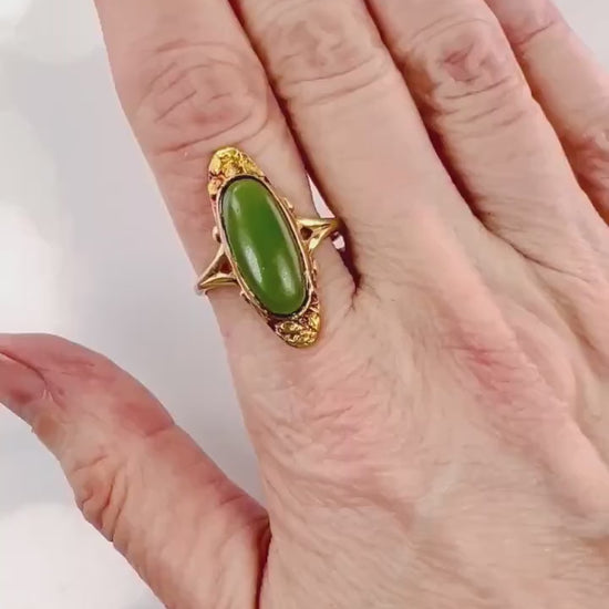 Vintage 10k & 24k Gold Oval Green Glass and Genuine Gold Nugget Ring, Jade Look Everyday Ring, Size 8.25