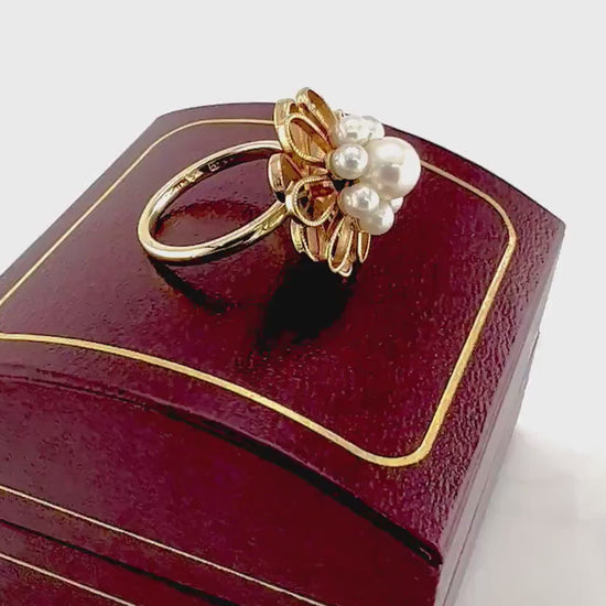 Vintage 14k Yellow Gold Cultured Pearl Floral Ring, June Birthstone Ring, Size 4.5