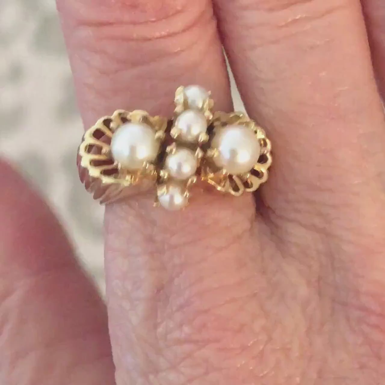 Vintage 14k Yellow Gold Cultured Pearl Cluster Ring, June Birthstone Jewelry, Size 7
