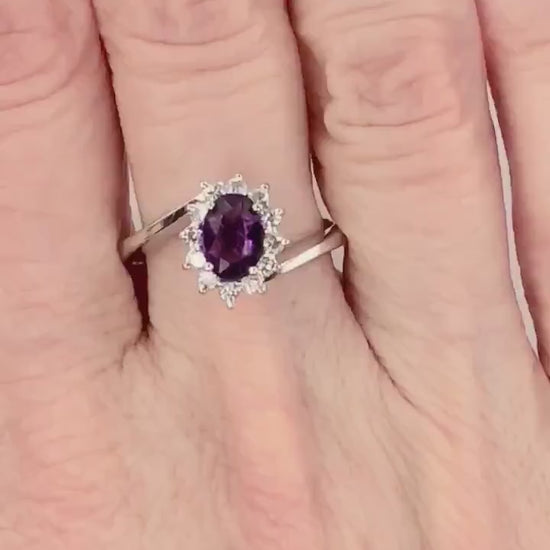 Vintage 14k White Gold Natural Amethyst and Diamond Halo Ring, Purple February Birthstone Ring, Size 7