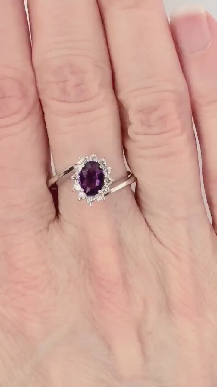 Vintage 14k White Gold Natural Amethyst and Diamond Halo Ring, Purple February Birthstone Ring, Size 7