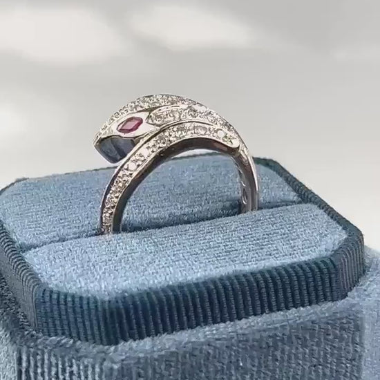Vintage 14k White Gold Diamond and Ruby Snake Ring, Size 8