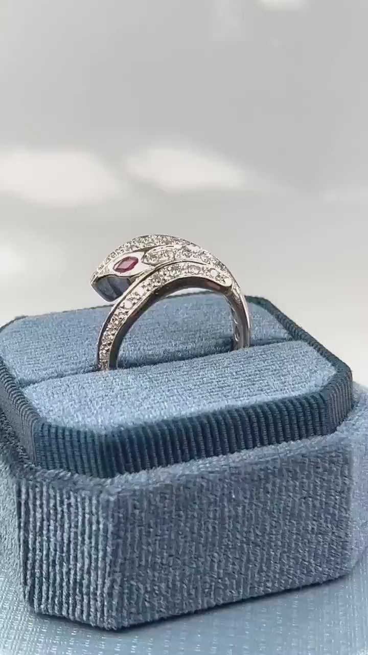 Vintage 14k White Gold Diamond and Ruby Snake Ring, Size 8