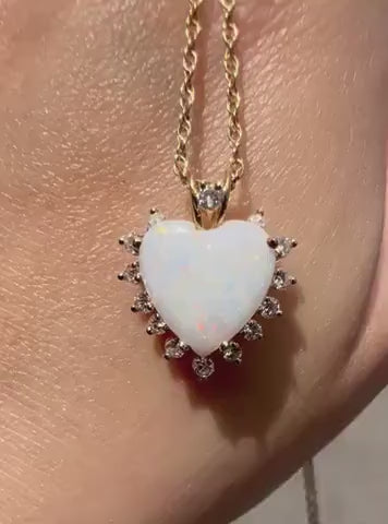 Vintage 14k Yellow Gold Natural Opal and Diamond Heart Pendant Necklace, October Birthstone 16"