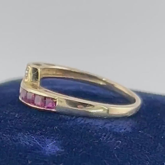 Vintage 14k Yellow Gold Ruby and Diamond Ring Crossover Style Ring Size 7.75