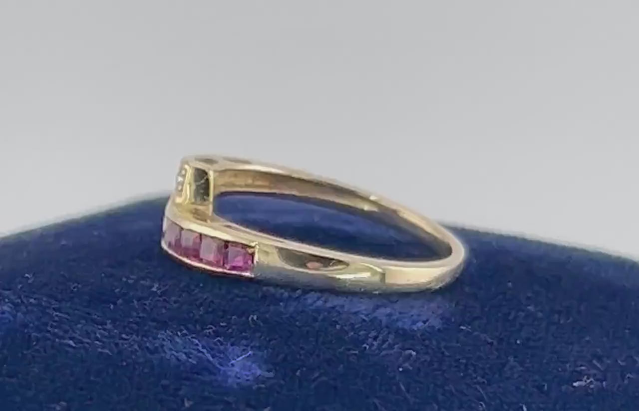 Vintage 14k Yellow Gold Ruby and Diamond Ring Crossover Style Ring Size 7.75