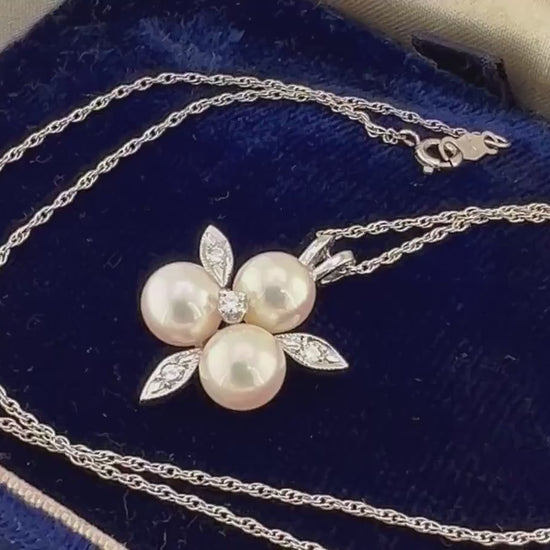 Vintage 14k White Gold Three Cultured Pearl and Diamond Pendant Necklace Trefoil Bride Necklace 16"