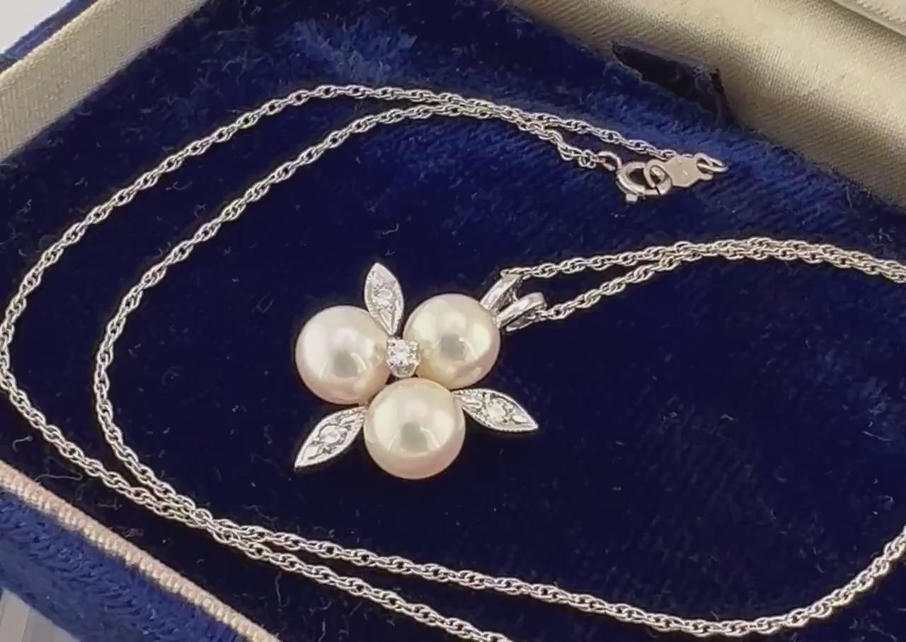 Vintage 14k White Gold Three Cultured Pearl and Diamond Pendant Necklace Trefoil Bride Necklace 16"