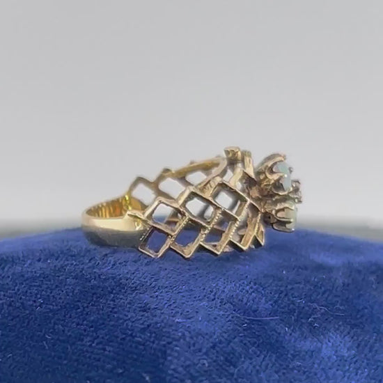 Vintage 14k Yellow Gold Opal Diamond Flower Ring - October Birthstone, Size 7