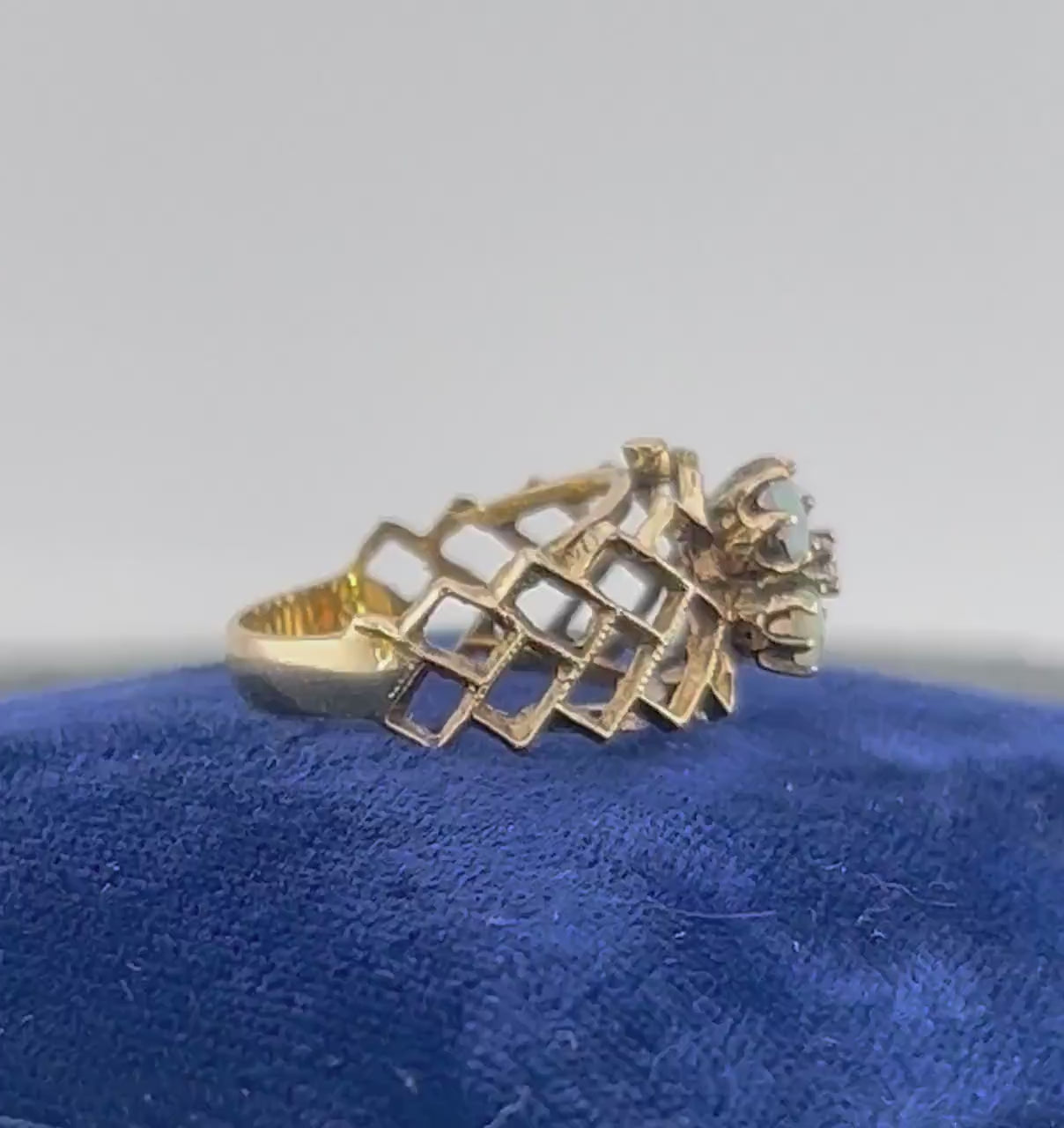 Vintage 14k Yellow Gold Opal Diamond Flower Ring - October Birthstone, Size 7
