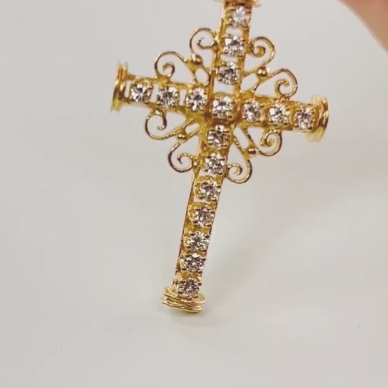Large 14k Diamond Cross Pendant - Vintage Yellow Gold Approximately 1 Carat TDW Natural Stones - Fine Jewelry
