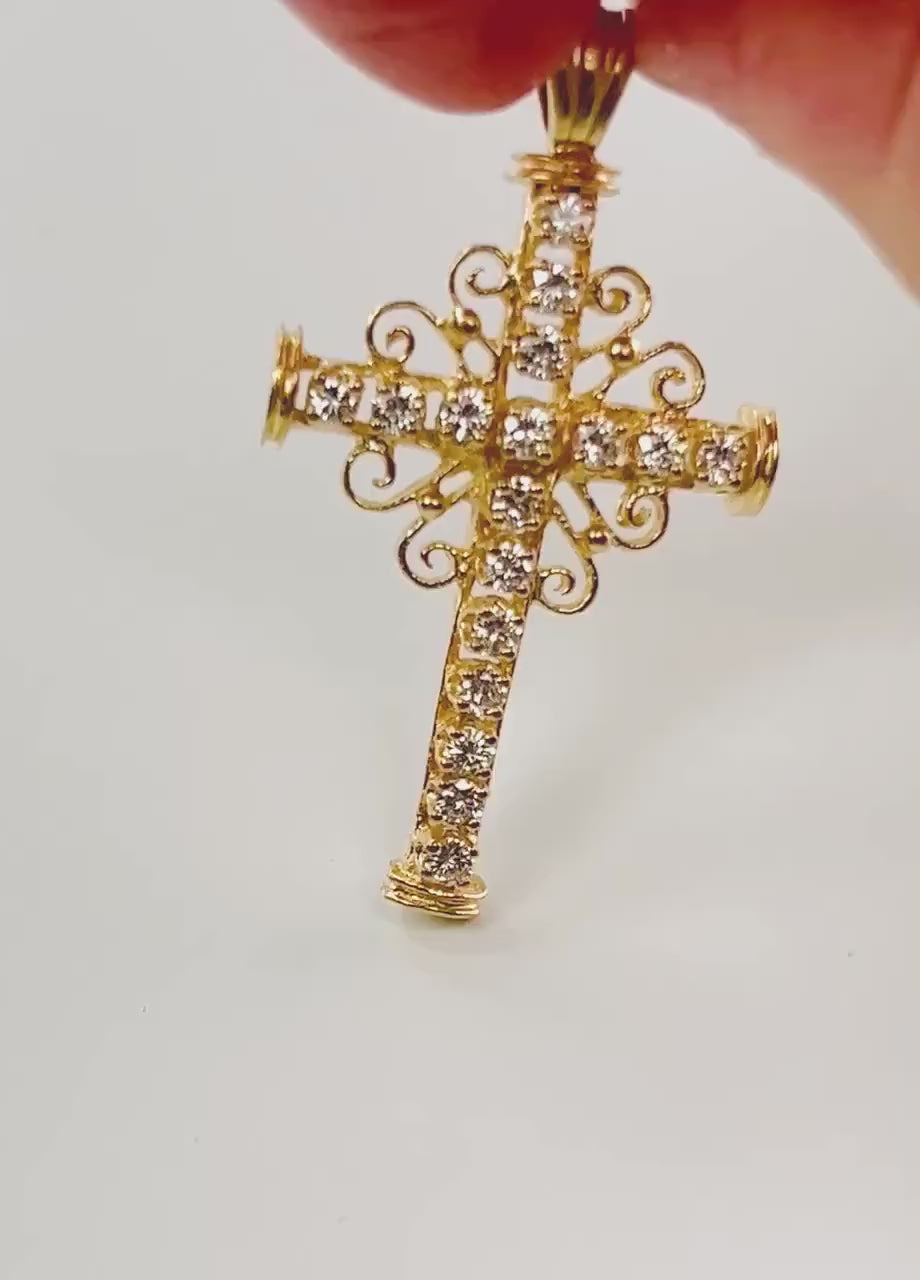 Large 14k Diamond Cross Pendant - Vintage Yellow Gold Approximately 1 Carat TDW Natural Stones - Fine Jewelry