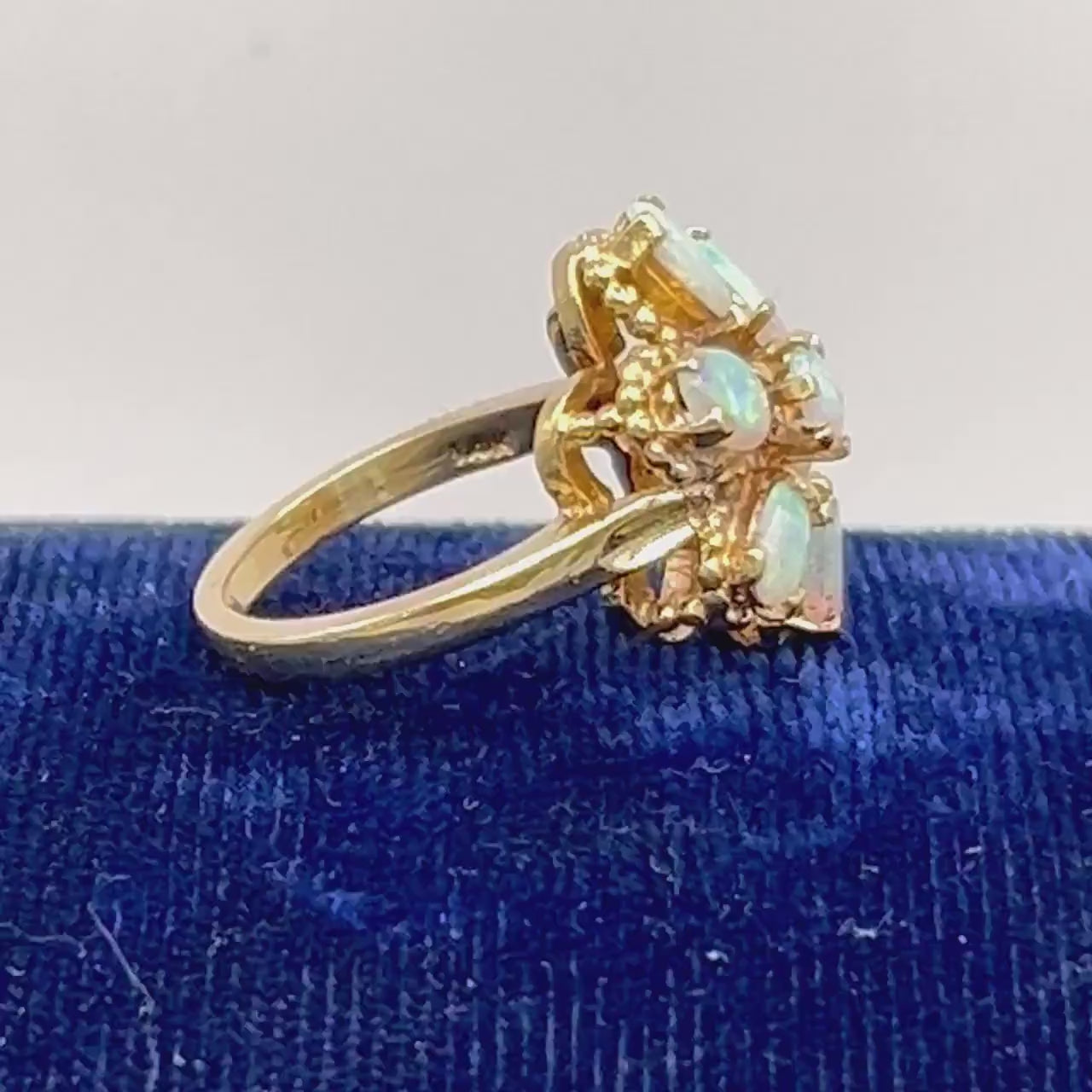 Vintage 14k Yellow Gold Floral Natural Opal Cluster Ring, October Birthstone Ring, Size 5.75
