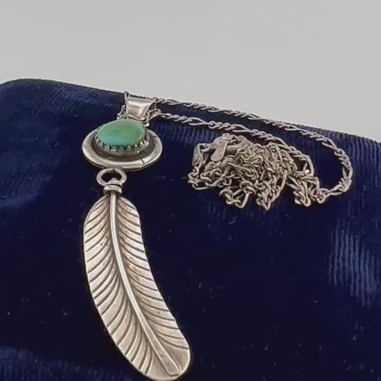 Vintage Gary Reeves Navajo Large Sterling Silver Turquoise Feather Pendant Necklace 16"