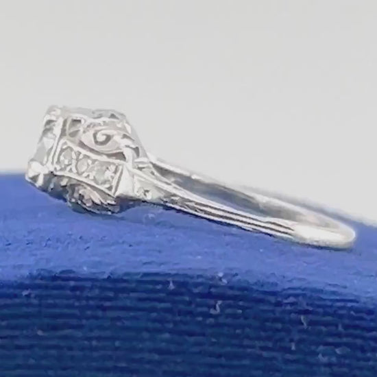 Art Deco .55 Carat Diamond Engagement Ring: 14k White Gold Filigree, Old European Cut