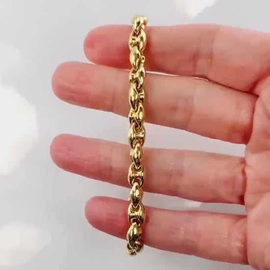 Vintage 18k Yellow Gold Mariner Link Bracelet, Italian Gold Puffed Link Bracelet 7 1/2"