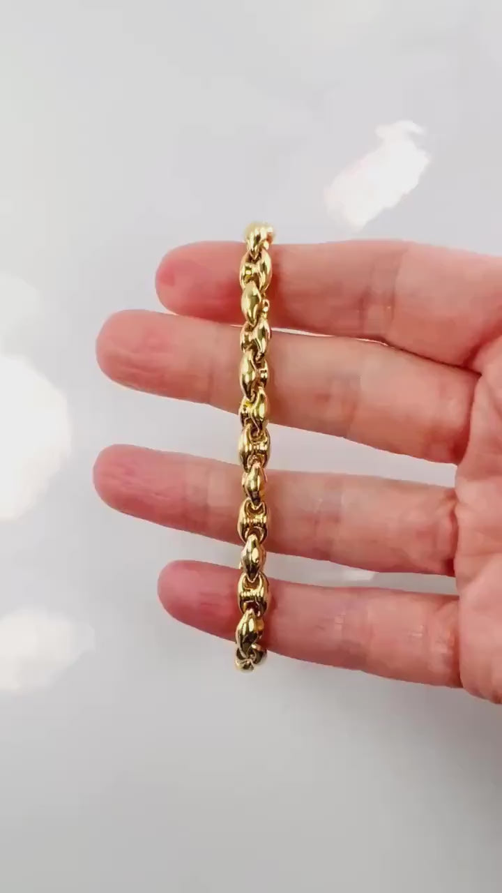 Vintage 18k Yellow Gold Mariner Link Bracelet, Italian Gold Puffed Link Bracelet 7 1/2"