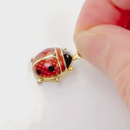 Vintage 18k Gold Puffy Ladybug Pendant with Red and Black Enamel, Good Luck Charm