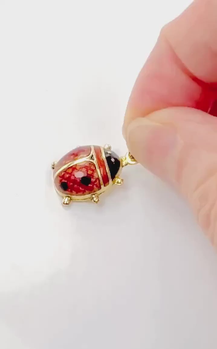 Vintage 18k Gold Puffy Ladybug Pendant with Red and Black Enamel, Good Luck Charm