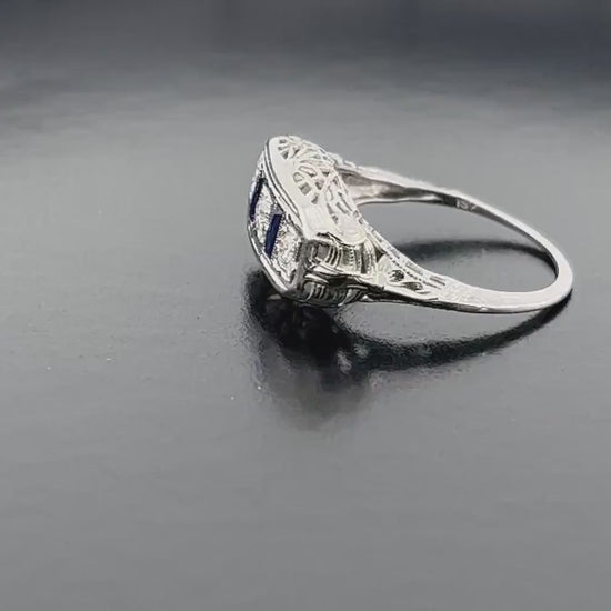 Vintage 18k White Gold Sapphire and Natural Diamond Filigree Ring 1930 Art Deco Ring Three Stone Ring Size 6